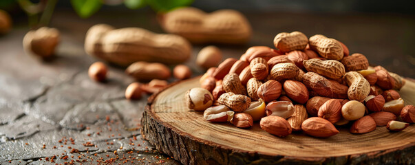 A detailed shot of unshelled peanuts, showcasing their earthy texture and rich brown color. The peanuts are arranged on a rustic wooden board, enhancing their natural appeal.