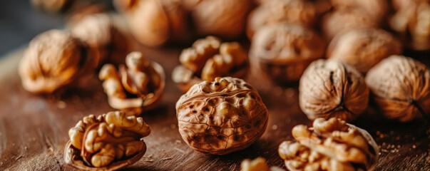 Obraz premium A close-up of a handful of raw, unshelled walnuts, showcasing their earthy texture and rich brown color. The walnuts are scattered on a polished wooden surface.