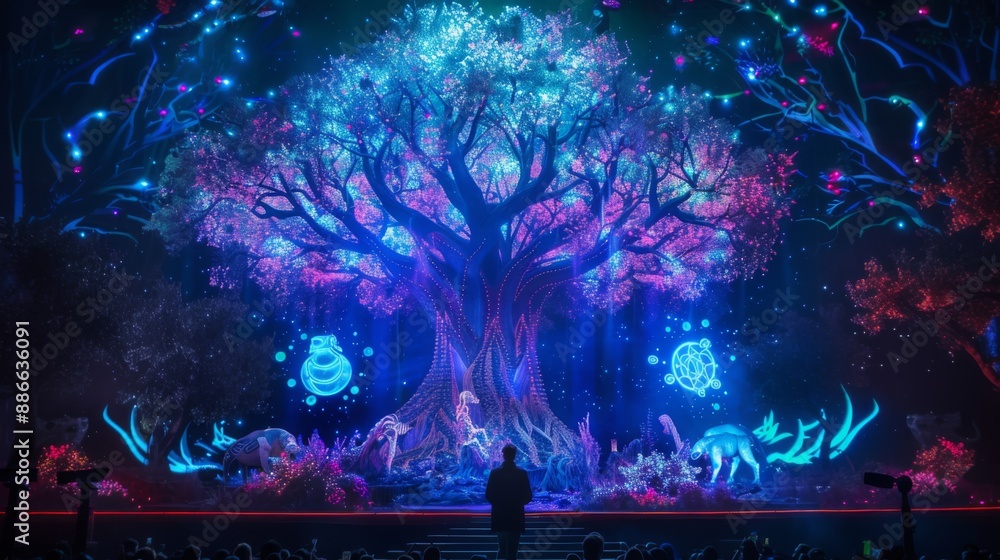 Aufkleber a large, glowing tree is the centerpiece of a stage performance, surrounded by projected light and i