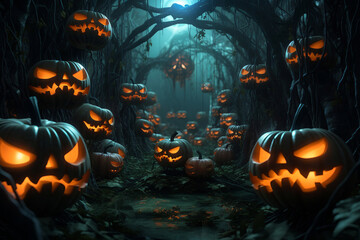 Fototapeta premium Generative ai on theme of large scary pumpkin with cut out eyes for celebration holiday Halloween