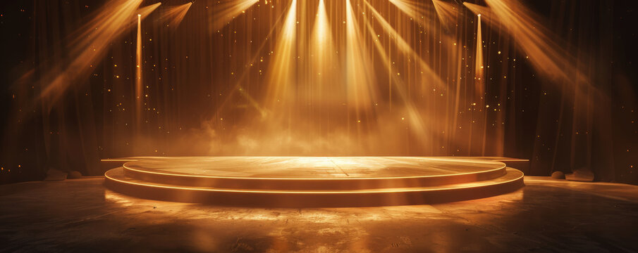 A sleek dance stage with a single golden spotlight illuminating the center. The background is dark with subtle golden light accents, creating an elegant and focused setting.