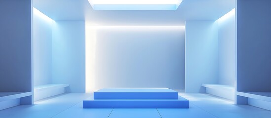 Abstract Blue and White Display Platform An abstract 3D platform with blue and white elements, set in a minimalistic room with diffused lighting. 