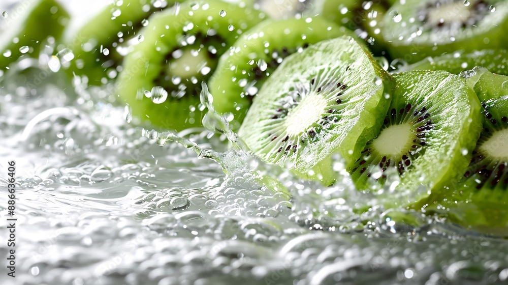 Aufkleber Whole and sliced green kiwis being rinsed with water creating a splash effect against a white background emphasizing their juicy texture Stock Photo with copy space