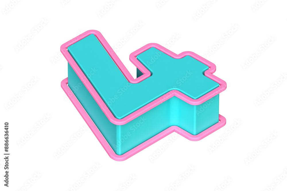 Aufkleber lying down 3d number 4 in turquoise and magenta. isometric 3d rendering typography suitable for post