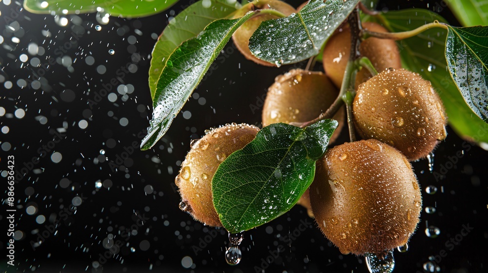 Poster a close up of gold kiwis on a vine with the sun shining through the leaves and water splashing highl