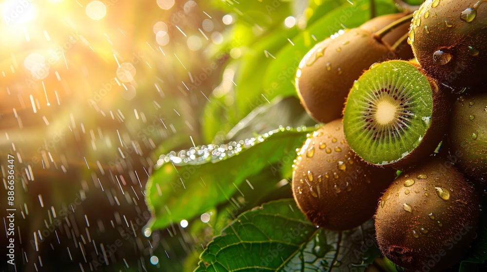 Poster a close up of gold kiwis on a vine with the sun shining through the leaves and water splashing highl