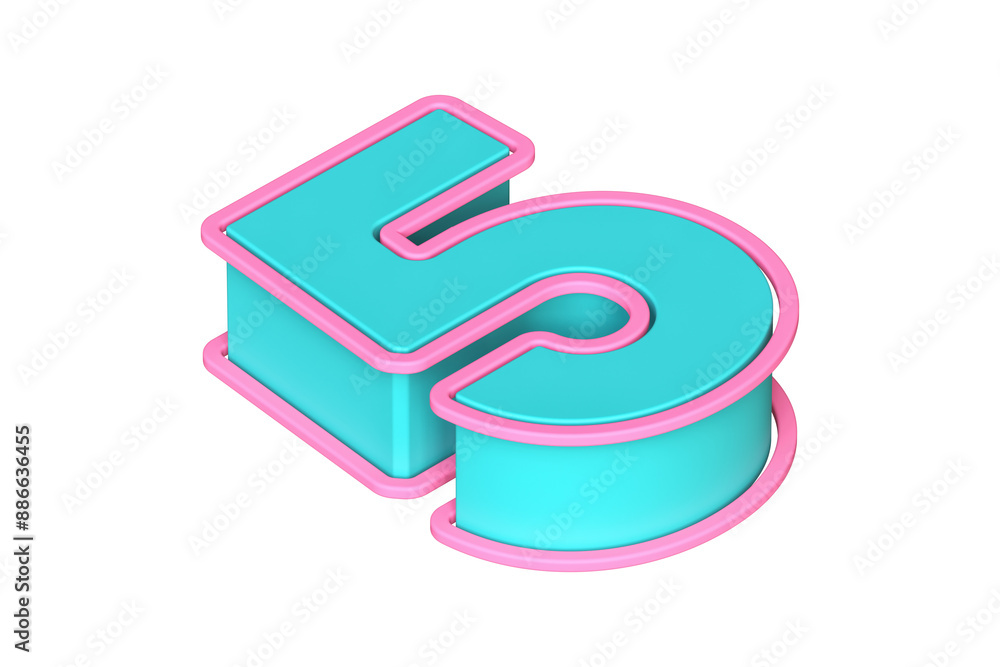 Poster isometric 3d number 5 in teal and pink. lying down 3d rendering typography suitable for poster, web,
