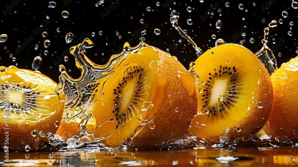 Poster a dynamic splash of kiwi juice and water droplets with whole and sliced gold kiwis against a black b