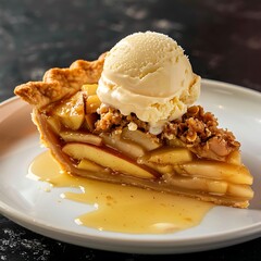  image shows a dessert with a flaky crust and a filling of apples and cinnamon, topped with a scoop of ice cream.