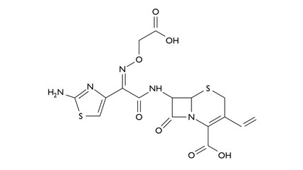 cefixime molecule, structural chemical formula, ball-and-stick model, isolated image antibiotic