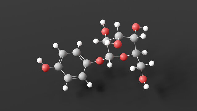 alpha-arbutin molecule 3d, molecular structure, ball and stick model, structural chemical formula a-arbutin