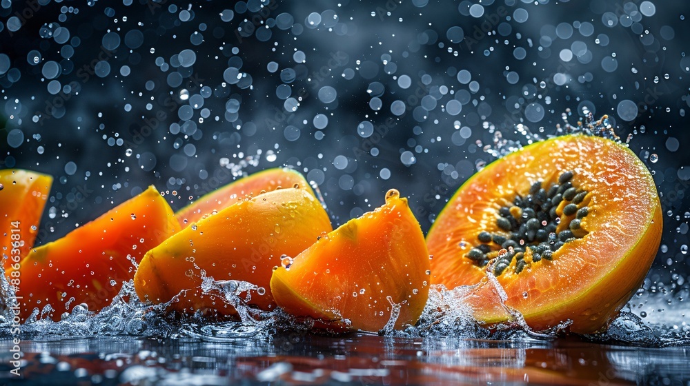 Poster mexican red papayas halved and quartered with a dynamic splash effect in water droplets frozen mid-a