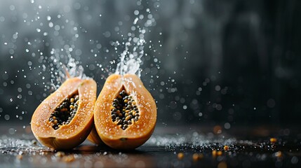 Mexican Red papayas halved and quartered with a dynamic splash effect in water droplets frozen mid-air against a black background emphasizing their bright orange flesh Stock Photo with copy space