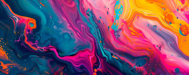 Abstract fluid art background featuring a vibrant mix of neon colors, creating an energetic and bold scene with swirling patterns and eye-catching contrasts.