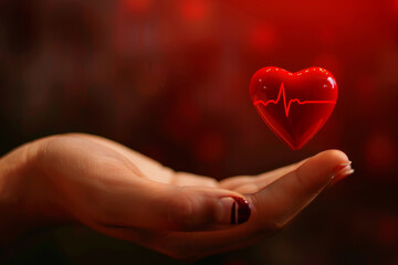 Fototapeta premium Open hand holding a floating red heart with an ECG line.