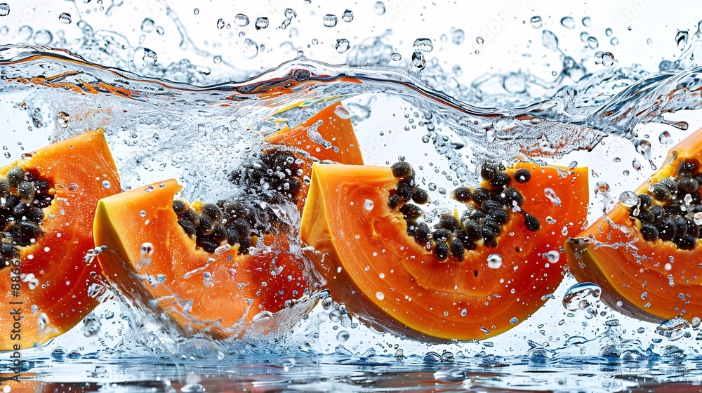 Poster Whole and sliced Hawaiian papayas being rinsed with water creating a splash effect against a white background showcasing their juicy texture and vibrant color Stock Photo with copy space