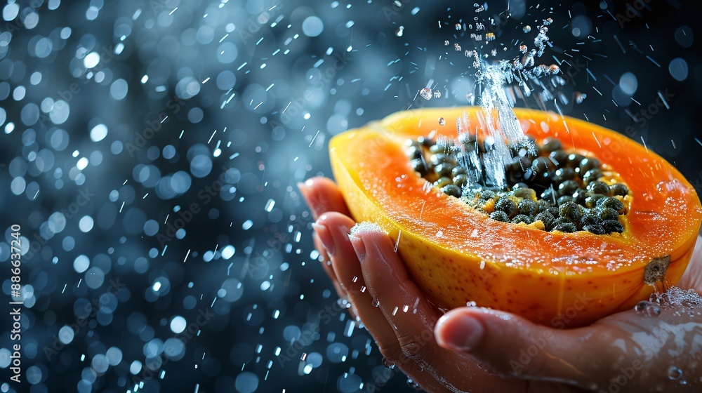 Poster hands holding a halved solo papaya with water splashing emphasizing the juicy texture and the contra