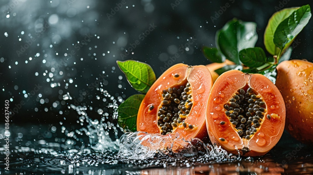 Poster close-up of mexican red papayas on a tree with the sun shining through the leaves and water splashin