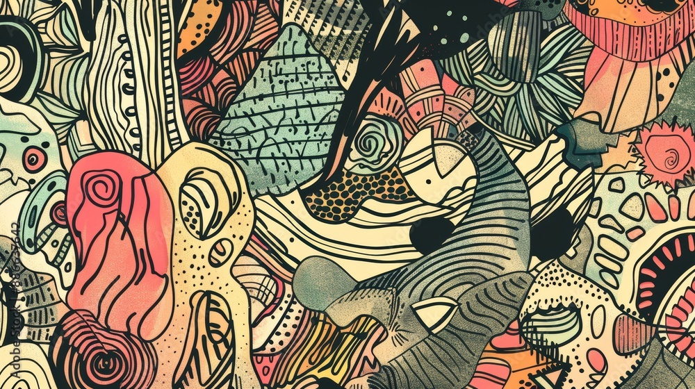 Poster abstract and chaotic composition of psychedelic shapes and colors in a drawing