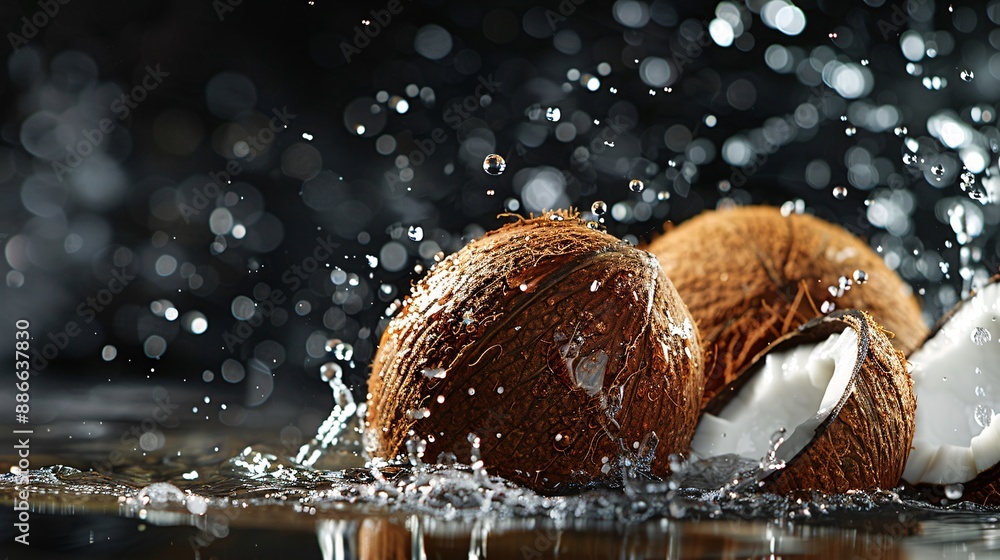 Poster Sliced coconuts falling into water with droplets suspended in mid air on a black background highlighting their refreshing nature Stock Photo with copy space