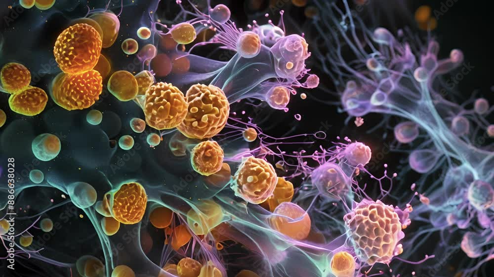 Poster a brightly colored confocal microscope image showing synovial cells with their distinct round nuclei