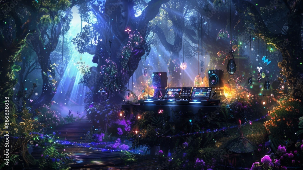 Poster a dj setup is placed in the middle of an enchanted forest, surrounded by glowing flowers, trees, and
