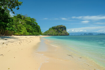 Fototapeta premium Tropical beach with crystal-clear waters and a sunny blue sky.