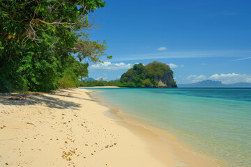 Fototapeta premium Tropical beach with crystal-clear waters and a sunny blue sky.