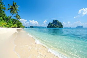 Fototapeta premium Tropical beach with crystal-clear waters and a sunny blue sky.