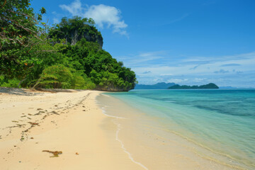 Fototapeta premium Tropical beach with crystal-clear waters and a sunny blue sky.