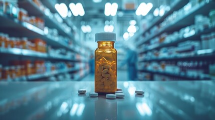 A pill bottle filled with yellow tablets sits on a counter in a pharmacy aisle, highlighting healthcare and medication themes.
