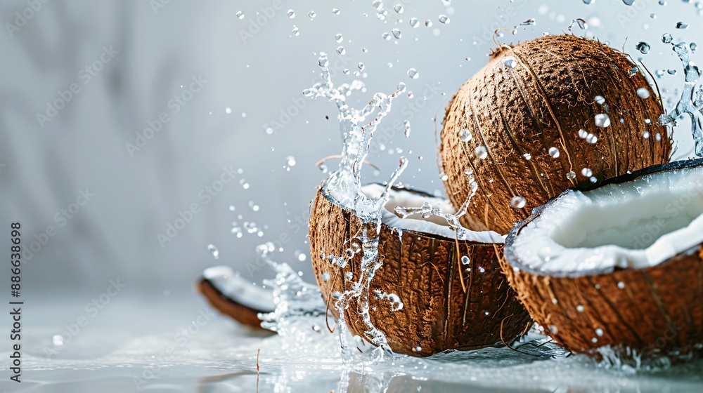 Poster a coconut being tossed into water captured mid-splash against a white background highlighting its ve