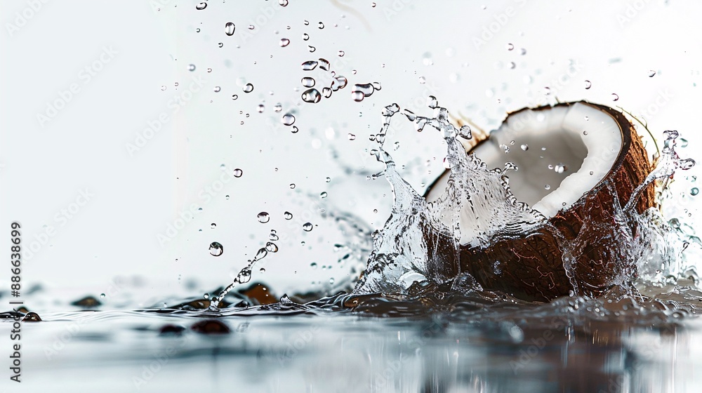 Poster A coconut being tossed into water captured mid-splash against a white background highlighting its versatility and refreshing qualities Stock Photo with copy space