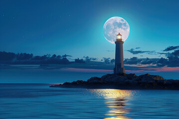 Generative ai on theme of large retro lighthouse with beam of bright light shining out to blue sea