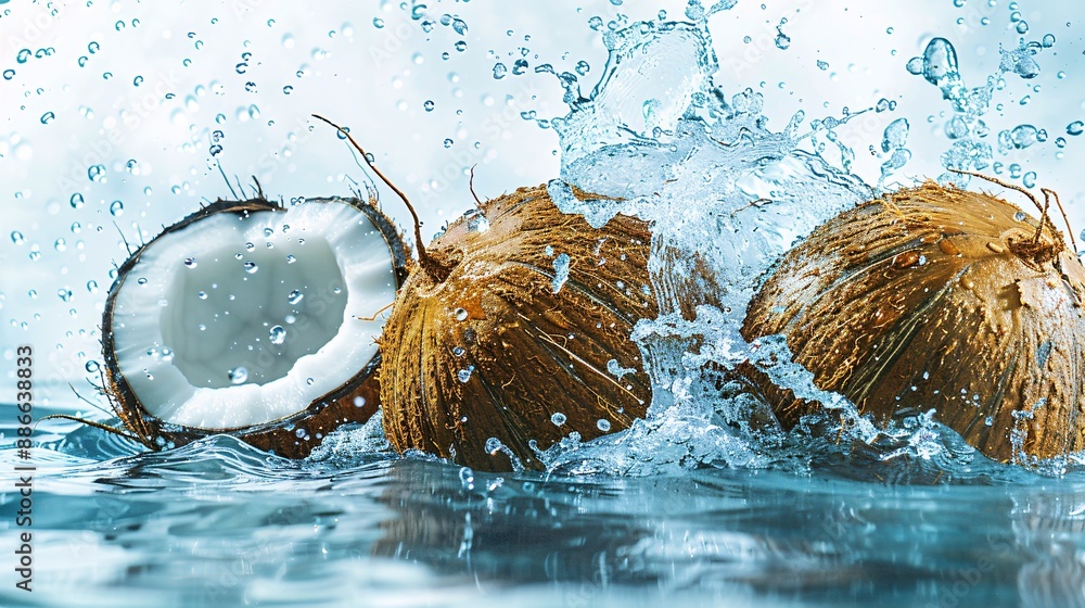 Aufkleber whole coconuts plunging into water with droplets cascading around them against a white background sh