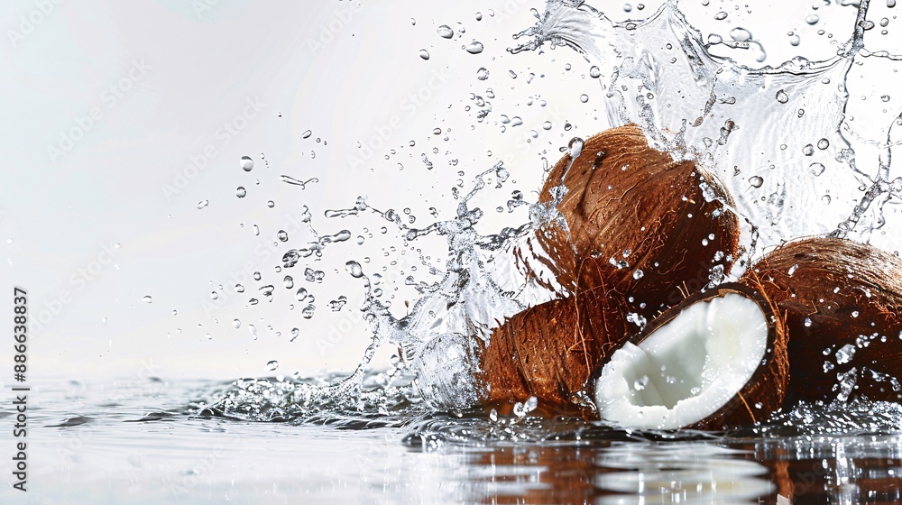 Poster Whole coconuts plunging into water with droplets cascading around them against a white background showcasing their tropical origin and freshness Stock Photo with copy space