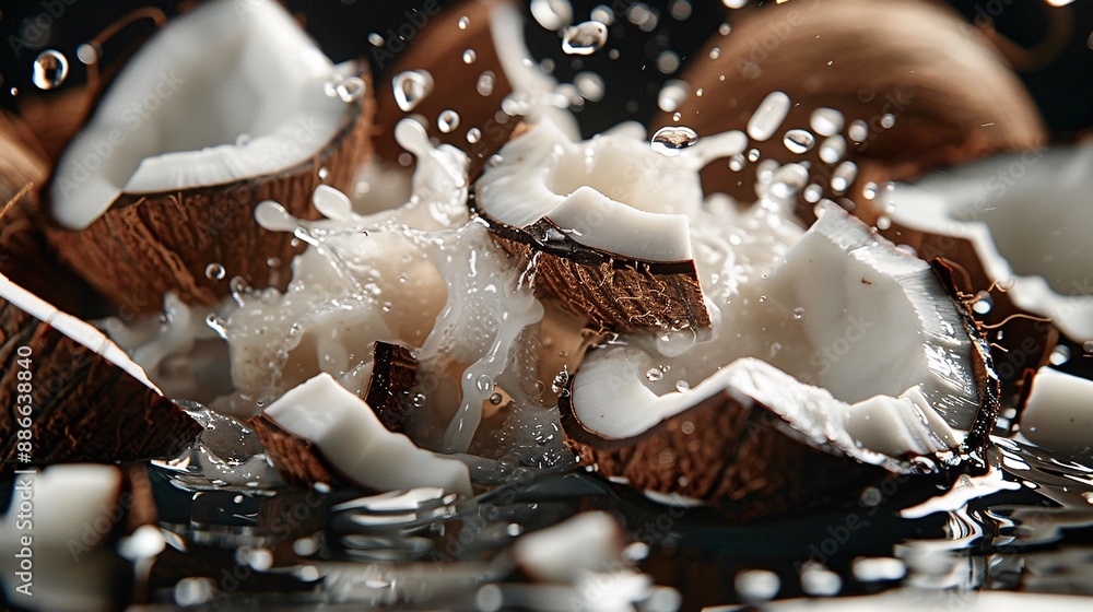 Poster Close up of coconut pieces dropping into water creating a refreshing splash on a black background emphasizing their natural hydration Stock Photo with copy space