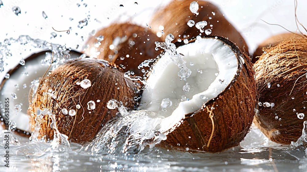 Poster Whole coconuts plunging into water with droplets cascading around them against a white background showcasing their tropical origin and freshness Stock Photo with copy space