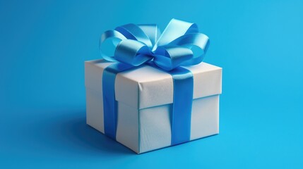 Obraz premium A white gift box wrapped with a blue ribbon placed on a blue background, perfect for various occasions and celebrations