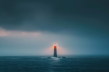 Fototapeta premium Generative ai on theme of large retro lighthouse with beam of bright light shining out to blue sea