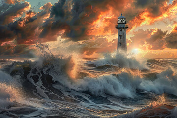 Generative ai on theme of large retro lighthouse with beam of bright light shining out to blue sea