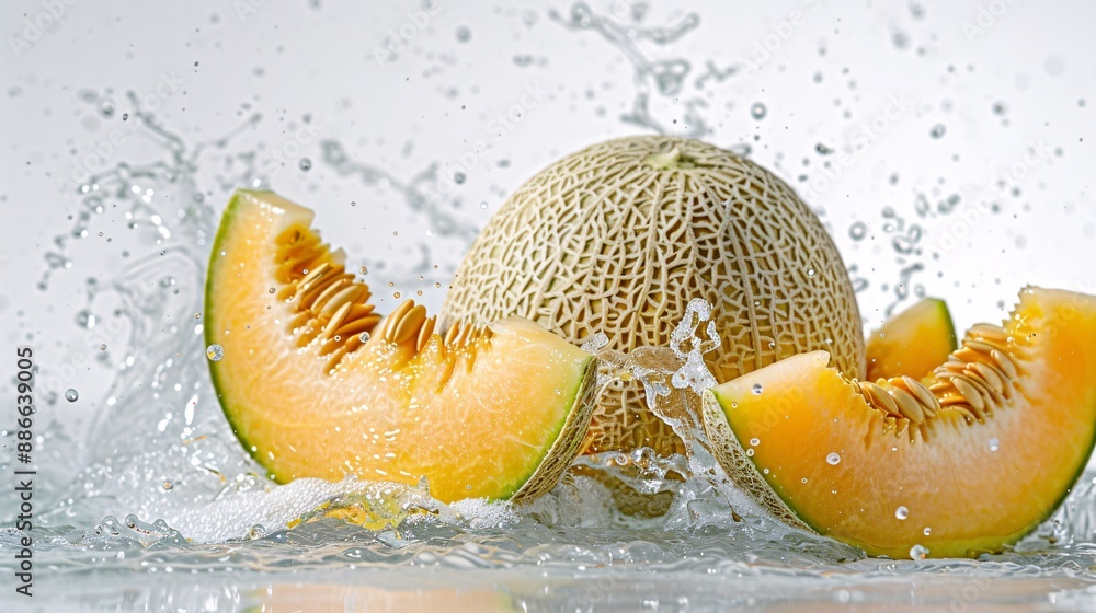 Poster whole cantaloupes dropped into crystal clear water creating a refreshing splash against a white back
