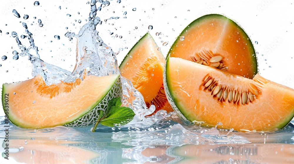 Poster whole cantaloupes dropped into crystal clear water creating a refreshing splash against a white back