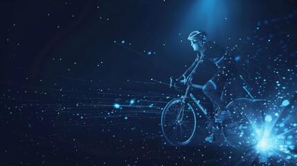 A digitally rendered image of a person cycling, featuring a wireframe design with neon lights and a futuristic background, created using AI technology
