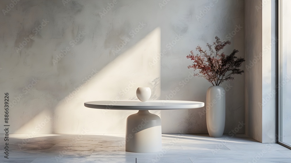 Wall mural sleek white round table in minimalist studio space for luxury product display