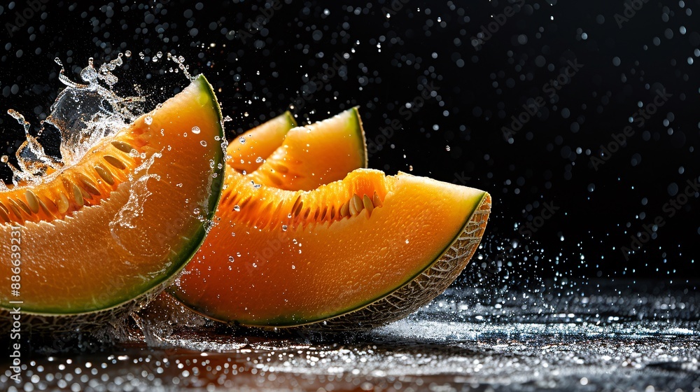 Poster slices of ripe cantaloupe falling into water with droplets suspended in mid air on a black backgroun