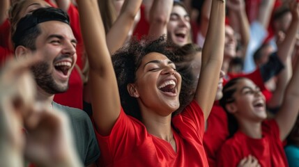 A diverse crowd of fans in red jerseys cheer and celebrate with raised arms, showing their excitement and joy at a sporting event