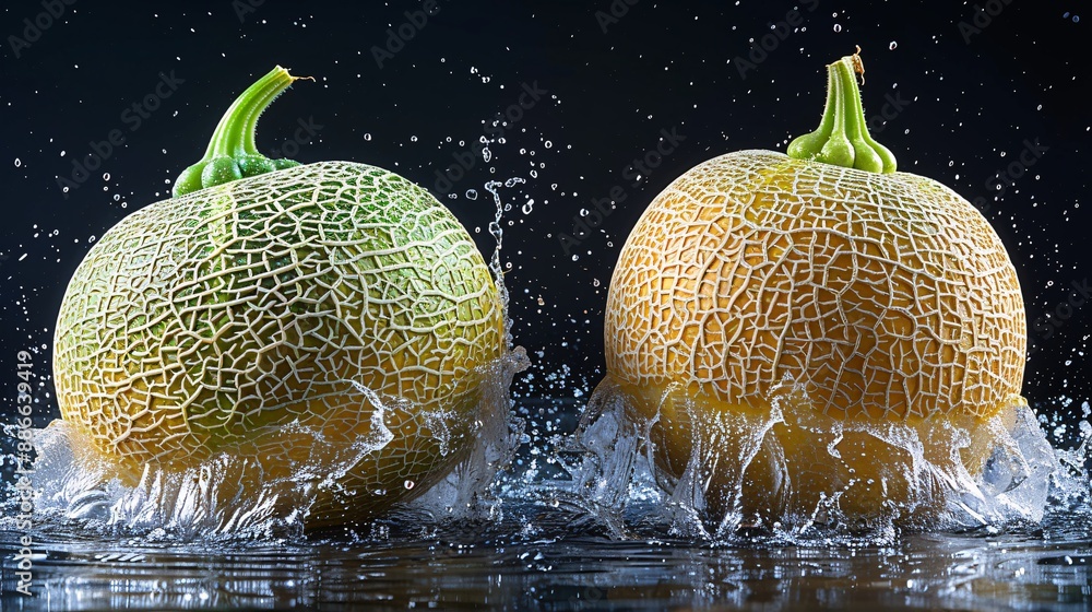 Poster ripe cantaloupes falling into water capturing the moment of impact with a splash on a black backgrou