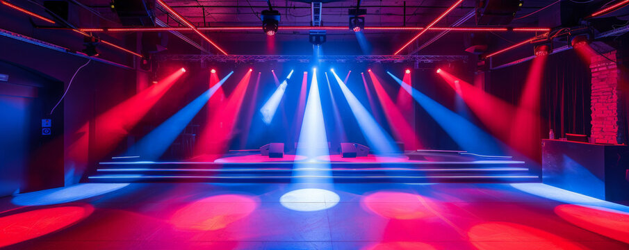 A colorful dance stage with red and blue spotlights highlighting different areas. The backdrop features geometric light patterns that enhance the modern, lively setting.