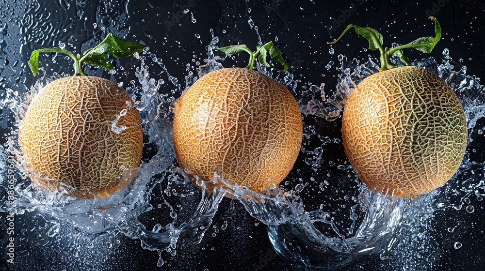 Poster ripe cantaloupes falling into water capturing the moment of impact with a splash on a black backgrou
